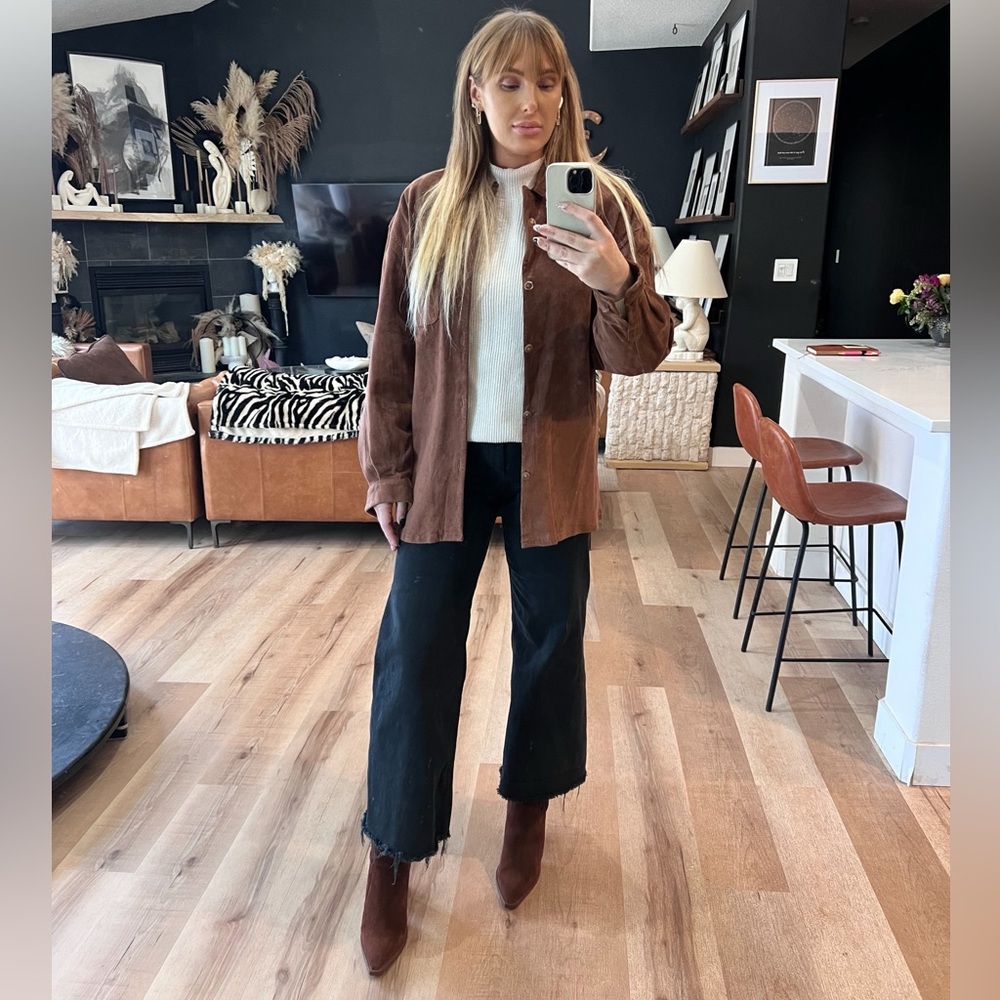 Vintage suede crème de silk brown tan button up shirt jacket - Picture 2 of 4